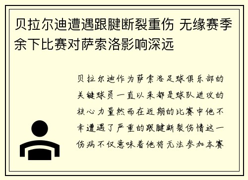贝拉尔迪遭遇跟腱断裂重伤 无缘赛季余下比赛对萨索洛影响深远